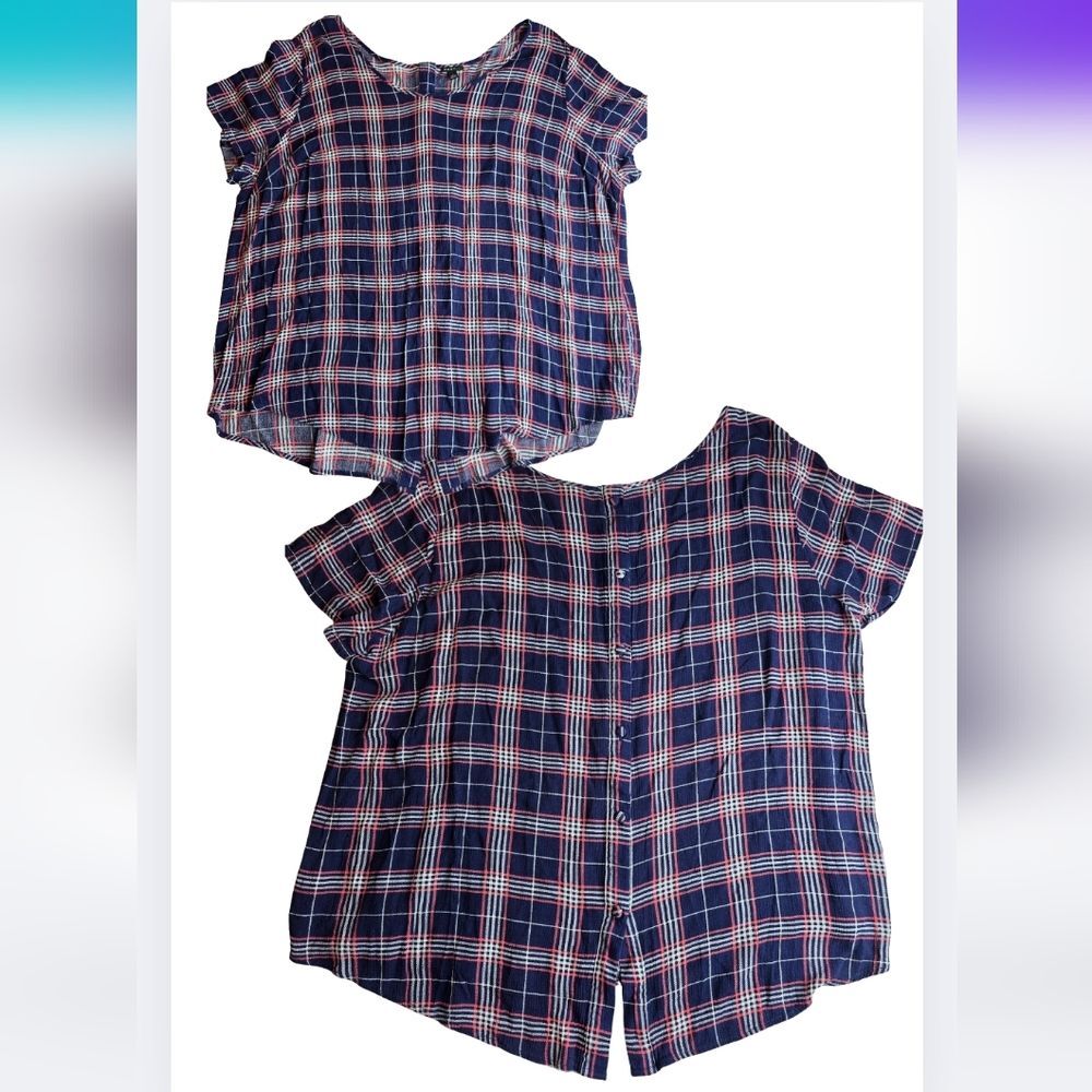 Torrid 2 Abbey Floral Gauze Button Back Blouse Navy Plaid 2813-Bd - Picture 2 of 8
